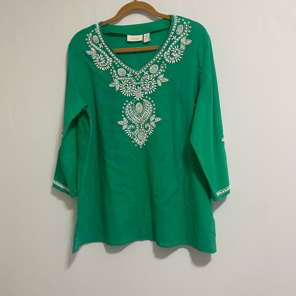 Chico's Vibrant Green Embroidered Tunic